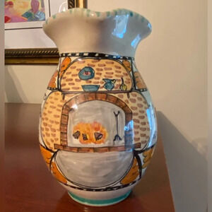 Vintage handpainted rustic traditional painted Pizza wine pitcher from Italy